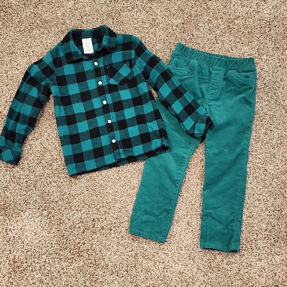 Wonderkids Green and Black Plaid Shirt and Pants